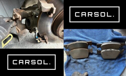 アウディA4アバント ブレーキパッド摩耗 交換前の状態 取り外した摩耗済みフロントブレーキパッドの厚みが分かる写真