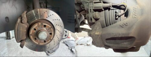 メルセデスベンツEクラスのフロントブレーキ周り。 左側はブレーキローターとキャリパーを正面から確認できる状態、右側はキャリパー裏側やブレーキパッド装着部の状態が分かる画像。 ブレーキの摩耗状態や構造が視覚的に確認できる。