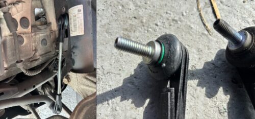 BMW 1シリーズのフロントスタビライザーリンクを 新品部品に交換後、車両へ装着された状態（左） と 取り外した新品スタビライザーリンク単体（右） を並べて撮影した写真。 交換後の部品状態と取付状況が確認できる構成。