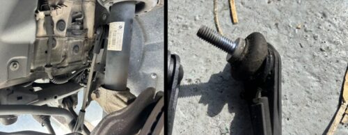 BMW 1シリーズのフロントスタビライザーリンクについて、 車両に装着されている状態（左） と 取り外した劣化したスタビライザーリンク（右） を並べて比較した写真。