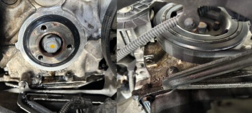 BMW1シリーズ Fクランクシール オイル漏れ 修理 交換後の状態 BMW 1シリーズのエンジン前側で、
左:Fクランクシール交換後の取付部(清掃済み)
右:クランクプーリー装着状態と周辺のオイル付着跡
を並べて撮影した比較画像。
修理後の状態と、漏れが発生していた箇所の位置関係が分かる構図。