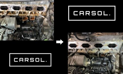 ゴルフ6 GTI ウォーターポンプ交換 修理の作業前後比較画像 ゴルフ6 GTIのエンジン側面を撮影したビフォーアフター比較画像。 左側はウォーターポンプ取り外し前で、冷却水漏れ跡やガスケット接触面の汚れが見られる状態。 右側は清掃後および交換作業後で、接触面がきれいに整えられている様子が分かる構図。