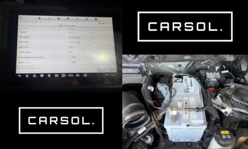 MINI オイルエレメント交換 バッテリー交換完了後の診断リセットと新品バッテリー装着状態 MINIのオイルエレメント交換・バッテリー交換完了後の状態をまとめた画像。 ・診断機によるCBSリセット完了画面 ・新品VARTA製AGMバッテリー装着後のエンジンルーム 整備完了と正常状態が確認できる構成。