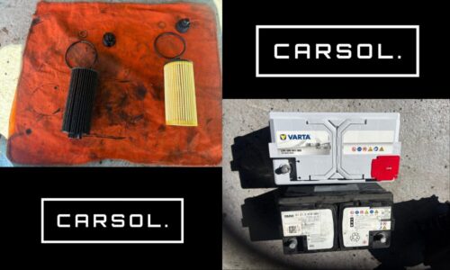 MINI オイルエレメント交換 バッテリー交換で取り外した旧部品と新品部品の比較画像 MINIのオイルエレメント交換およびバッテリー交換作業時の部品比較写真。 ・使用済みオイルエレメントと新品フィルターの比較 ・交換前バッテリーと新品VARTA製AGMバッテリーの比較 劣化状態と新品部品の違いが分かる構成。