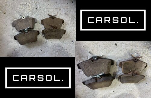 プジョーRCZ ブレーキパット交換 修理で取り外した摩耗パッドと新品パッドの比較 取り外したブレーキパッド(新品と摩耗品)を並べた全体写真 左に新品パッド、右に摩耗した旧パッドが比較できる構図