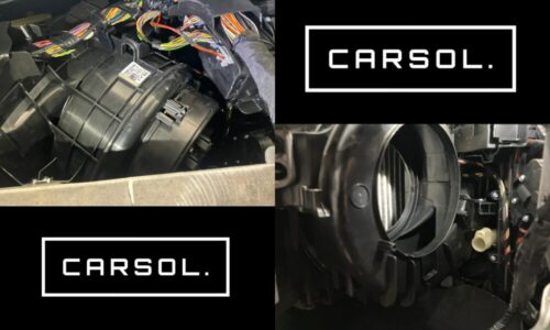 ボルボV60のブロアモーター交換作業中の様子を左右に配置したサムネイル画像。 左側にダッシュボード内部のブロアモーター本体、右側に取り外し後の開口部を配置し、中央にCARSOL.ロゴをレイアウトしたブログ用アイキャッチ画像。