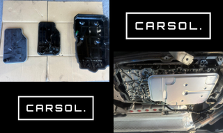 ベンツEクラス 停止時ガクッ 修理 ATオイルパンとストレーナー交換作業 メルセデス・ベンツEクラス(W212)のATオイルパン・ストレーナー・ガスケットを取り外した状態と、新旧部品およびトランスミッション下部の作業状況が分かる整備写真。