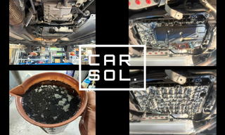 ベンツEクラス 停止時ガクッ 修理 ATF交換とバルブボディ清掃作業 メルセデス・ベンツEクラス(W212)のATF交換作業の様子。トランスミッション下部の作業状況、バルブボディ部分、取り外したオイルパン内の汚れたATFの状態などが分かる整備工程の写真。