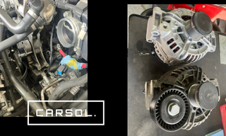 BMW X1のエンジンルームでオルタネーターを取り外している作業途中の様子と、取り外したオルタネーター（新旧比較）が並べられている整備写真。