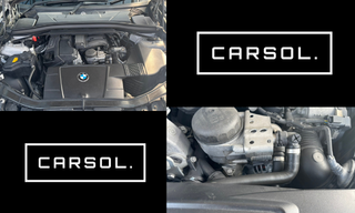 BMW X1のエンジンルーム全体とオルタネーター周辺の部品状態を確認している整備写真。整備前の状態とCARSOL.ロゴを組み合わせた作業紹介用イメージ。