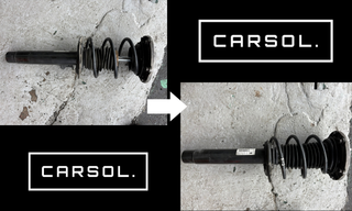 BMW1シリーズ 足回り 修理 フロントショックダストブーツ交換前後 BMW 1シリーズのフロントショックアブソーバー。劣化したショックダストブーツと、新品ブーツを取り付けた状態を左右で比較した整備写真(交換前→交換後)。