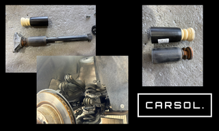 BMW1シリーズ 足回り 修理 リアショックブーツ劣化とショックアブソーバー取り外し BMW 1シリーズのリア足回り整備。取り外したリアショックアブソーバーと劣化したショックブーツ・バンプラバー、そしてリア足回りの作業中の状態をまとめた整備写真。