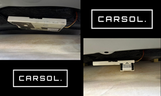 BMW2シリーズ チェックランプ 修理 SOSバッテリー交換 天井内部作業 車内天井裏に取り付けられているSOSエマージェンシーバッテリーの取り外し前後の状態