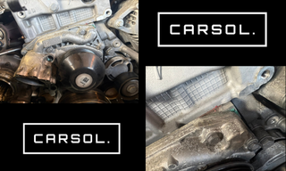 BMW 320dのエンジンに新品のウォーターポンプを取り付け、冷却水漏れ修理後の状態を確認している様子