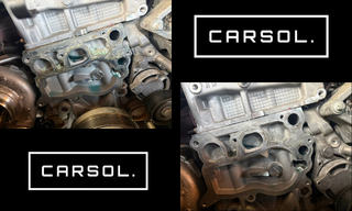 BMW 320dのエンジンに取り付けられているウォーターポンプを取り外した状態のエンジン側取り付け面と、冷却水通路部分の様子