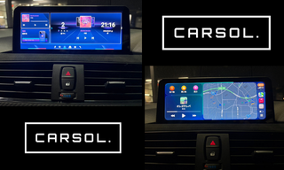 BMW320i ナビ不具合 修理 アンドロイドナビ交換前後の画面比較 BMW320iの純正ナビとアンドロイドナビの表示比較(交換前後の画面)とCARSOLロゴ