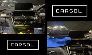 BMW320i ナビ不具合 修理 ナビ交換作業中 ダッシュボード分解 BMW320iのナビ交換作業中の様子(ダッシュボード分解・配線作業中)とCARSOLロゴ