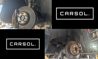 輸入車のブレーキディスクとキャリパーの点検整備風景|CARSOL 小郡市の車検・輸入車整備 輸入車のブレーキ周り(ディスクローター・キャリパー)の整備風景と、CARSOLロゴを組み合わせたイメージ画像