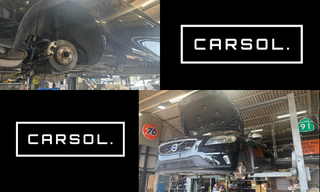 ボルボ輸入車のリフトアップ整備とブレーキ点検風景|小郡市CARSOLの車検サービス 輸入車(ボルボ)のリフトアップ整備風景と、ブレーキ周りの点検作業、CARSOLロゴを組み合わせた整備イメージ画像