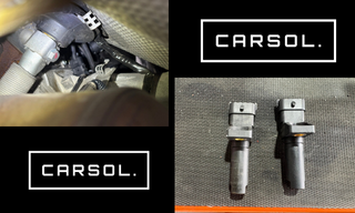 メルセデスベンツCLSクラス エンジンストール 修理 クランク角センサー交換比較 エンジン内部に取り付けられているクランク角センサーの装着位置と、取り外した新旧センサーの比較写真