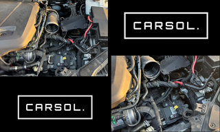 ボルボV40のエンジンルームを開けた状態で、吸気周りや電装部品の状態を点検している様子。ブレーキシステム異常の原因を調べるため、ABS関連やセンサー周辺のチェックを行っている整備作業の写真。