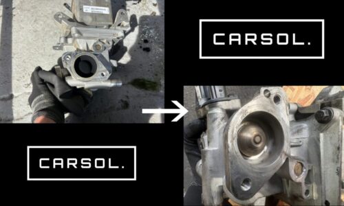 ボルボV60のEGRバルブを取り外して清掃している整備写真。左側が取り外したEGRバルブ本体、右側が内部を清掃して煤（すす）を除去した状態のアップ写真で、洗浄前後の状態が分かる整備事例。