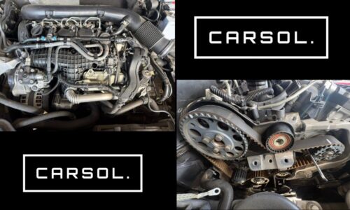 ボルボV60のエンジンルーム全体の状態と、エンジン前部を分解してタイミングベルトが見える状態の作業写真。タイミングベルトとプーリーが確認でき、交換作業の様子が分かる整備事例。