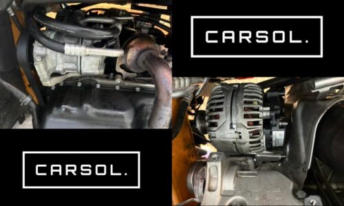 VWクロスポロのエンジン下部周辺の整備状況。エンジンオイルエレメントハウジング付近やオルタネーター周辺の状態を点検している様子で、オイル漏れや冷却水ラインの確認を行っている状態。