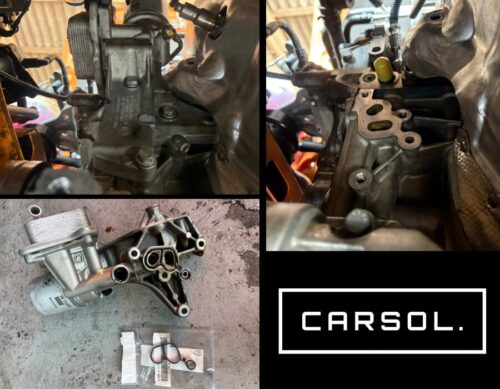 VWクロスポロのエンジンオイルエレメントハウジング取り外し作業の様子と、取り外したハウジング本体および新品ガスケット部品。オイル漏れ修理のため、エンジン側からハウジングを取り外して交換準備を行っている状態。