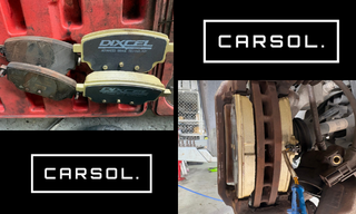 メルセデスベンツAクラス 低ダストブレーキパッド交換 ディクセル製パッドと交換作業 新品の低ダストブレーキパッド(ディクセル製)と、交換作業中のブレーキキャリパー・ディスク周辺の様子が分かる整備中の写真