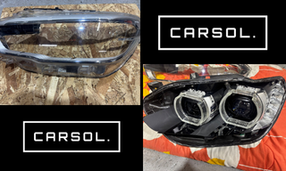 取り外したヘッドライト本体と内部構造、修理前後の状態が分かる比較画像