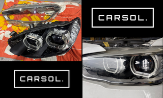 ヘッドライト取り外し後の内部構造と、修理後にクリアになった状態が分かる比較画像