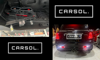 MINIのバックランプLED交換作業中の様子（バルブ取り外し状態）と、交換後に点灯したリアビュー（明るくなったバックランプ・フォグランプ）