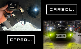 フォグランプLEDバルブ（FCLイエロー）の交換作業中の手元と、交換後に点灯したフロントビュー（黄色に発光するフォグランプ）