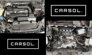 ボルボV40 ラジエーター漏れ 修理 エンジンルームと交換作業の様子 ボルボV40のエンジンルーム全体とラジエーター交換作業中の比較写真(作業前後の状態が分かる構成)