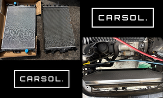 ボルボV40 ラジエーター漏れ 修理 新旧ラジエーター比較と交換後の状態 取り外した旧ラジエーターと新品ラジエーターの比較、および車両へ装着された交換後の状態