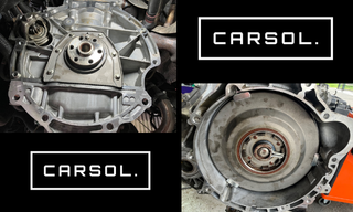 トランスミッション取り外し後のベルハウジング内部とトルクコンバータ取付部を正面から撮影した状態