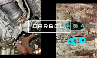 タービン周辺のガスケット交換前の状態と、新旧ガスケット部品の比較（左：車両装着状態／右：取り外した劣化ガスケットと新品部品）