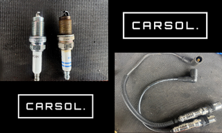 新品と劣化したスパークプラグの比較と、取り外したプラグコードの状態が分かる写真