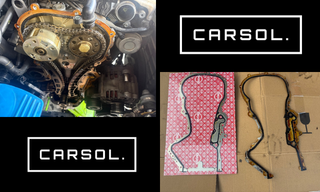 vw-golf-タイミングチェーンカバーガスケット-交換修理部品比較 タイミングチェーンカバー取り外し後の内部状態と新品・取り外したガスケットの比較