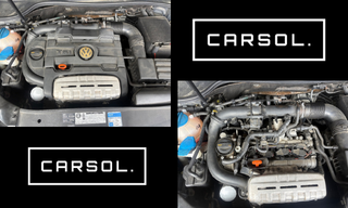 vw-golf-タイミングチェーンカバーガスケット-オイル漏れ修理エンジン分解状態 VWゴルフのエンジンルーム全体(作業前とカバー取り外し後の状態を並べた比較画像)