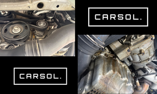 vw-golf-タイミングチェーンカバーガスケット-オイル漏れ修理下回り状態 タイミングチェーンカバー周辺およびエンジン下部に付着したオイル漏れの状態