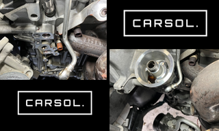 VW ザ・ビートルのオイルエレメントハウジング周辺を分解し、ガスケット交換作業を行っている様子をまとめた作業工程写真
