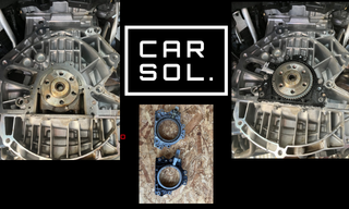VWティグアン クランクシール交換修理で劣化したシールを新品へ交換した作業完了後の状態 クランクシール交換作業完了後の状態と、取り外した旧クランクシールを並べた比較写真。新品シール取付後のクランクシャフト周辺と交換部品の状態が確認できる作業記録画像。