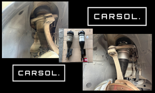 メルセデス・ベンツ Cクラスワゴンの右フロントエアサスペンション交換作業をまとめた1枚。
車両装着状態のエアサスペンション、取り外した旧部品と交換部品、交換後の装着状態が確認でき、実際の修理内容が分かりやすい構成です。